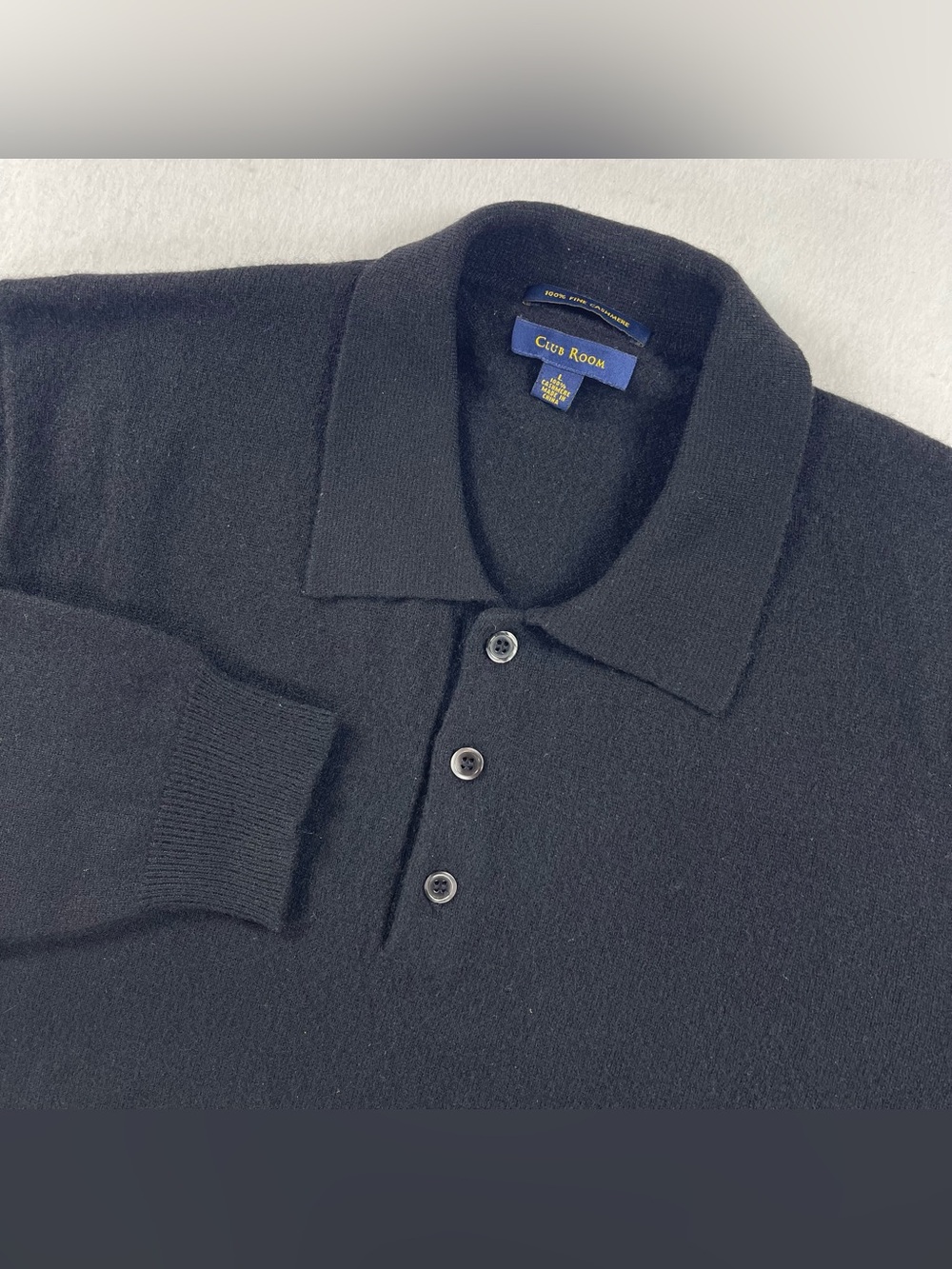 Club Room Cashmere Polo Sweater Mens Large Black Long Sleeve Preppy Fine